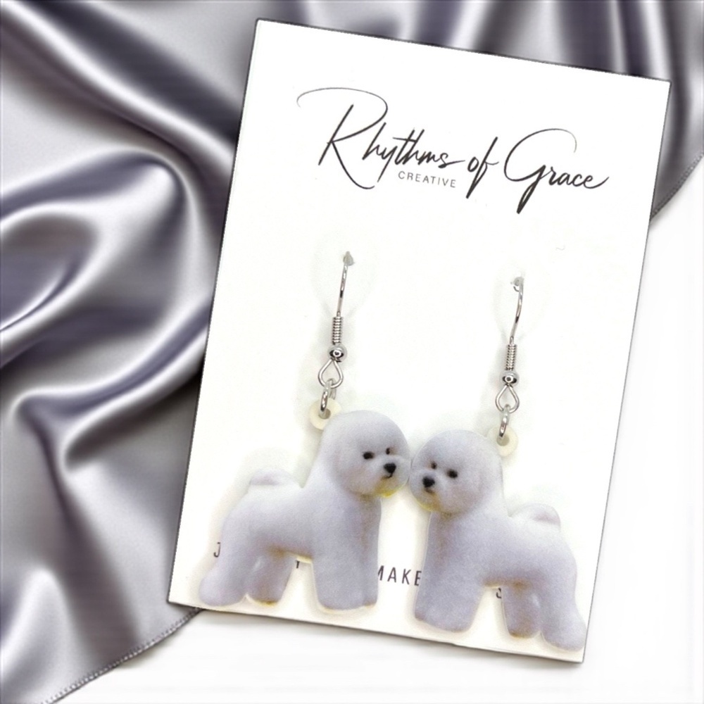 Bichon Frise Dog Earrings Handmade Puppy Dangles NWT